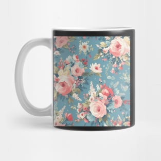 Shabby Chic Floral Flowers, Pretty Feminine Pattern on Blue Background Mug